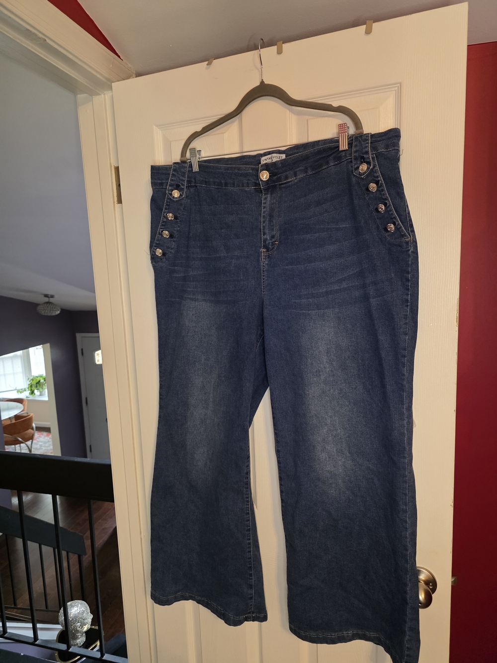 Women's Dark Blue Wide-Leg Jeans with Side Button Detail